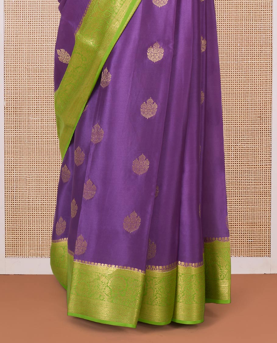 Purple zari buttas Mysore silk saree, contrast floral creeper zari border, and pallu of intricate designs