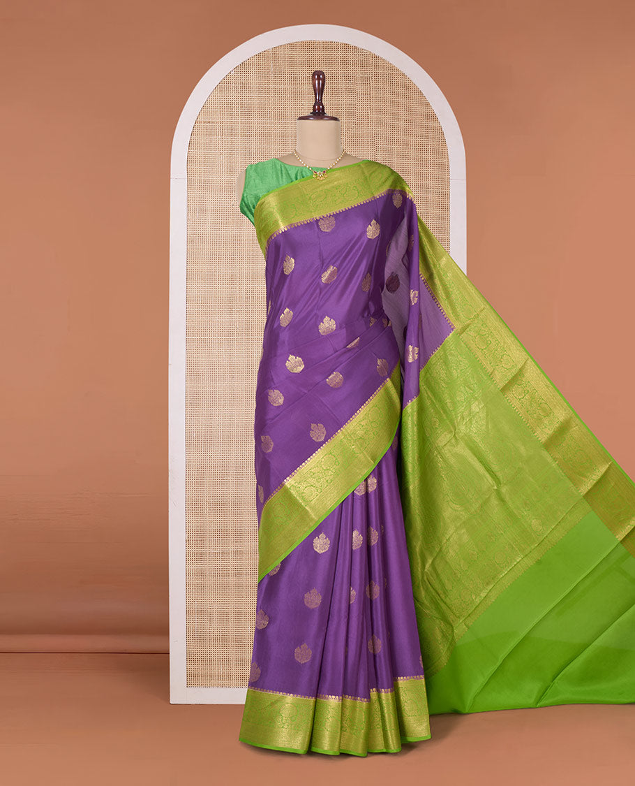 Purple zari buttas Mysore silk saree, contrast floral creeper zari border, and pallu of intricate designs