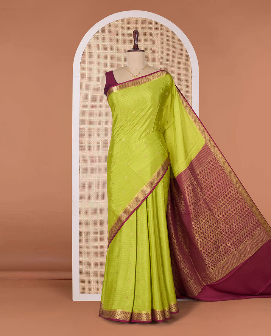 Lemon yellow zari striped and zari buttas Mysore silk saree, contrast jaal zari border, pallu of jaal design