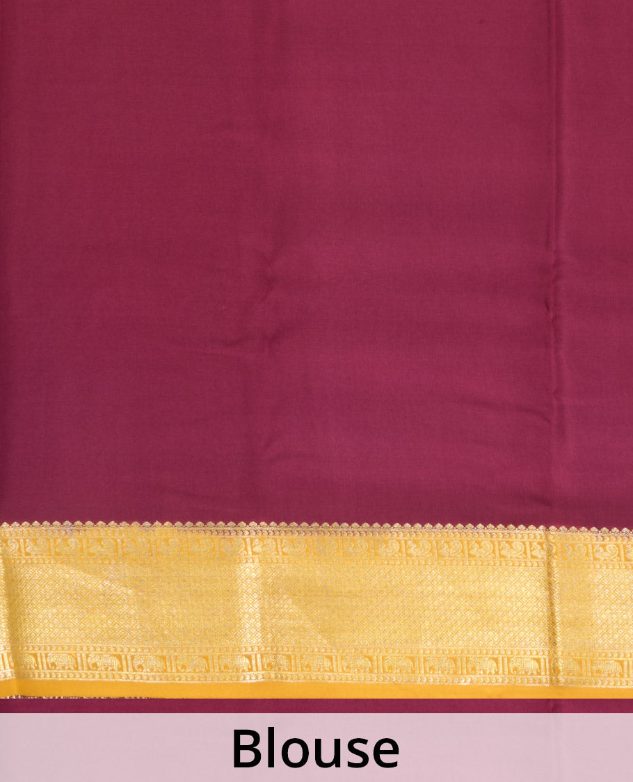 Yellow two-headed eagle motifs zari woven Mysore silk saree, contrast traditional zari border, and pallu of thick zari designs