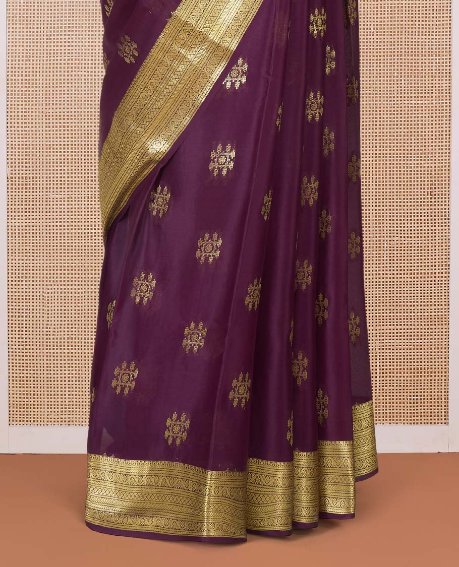Maroon zari buttas Mysore silk saree, traditional zari border, and pallu of jaal design