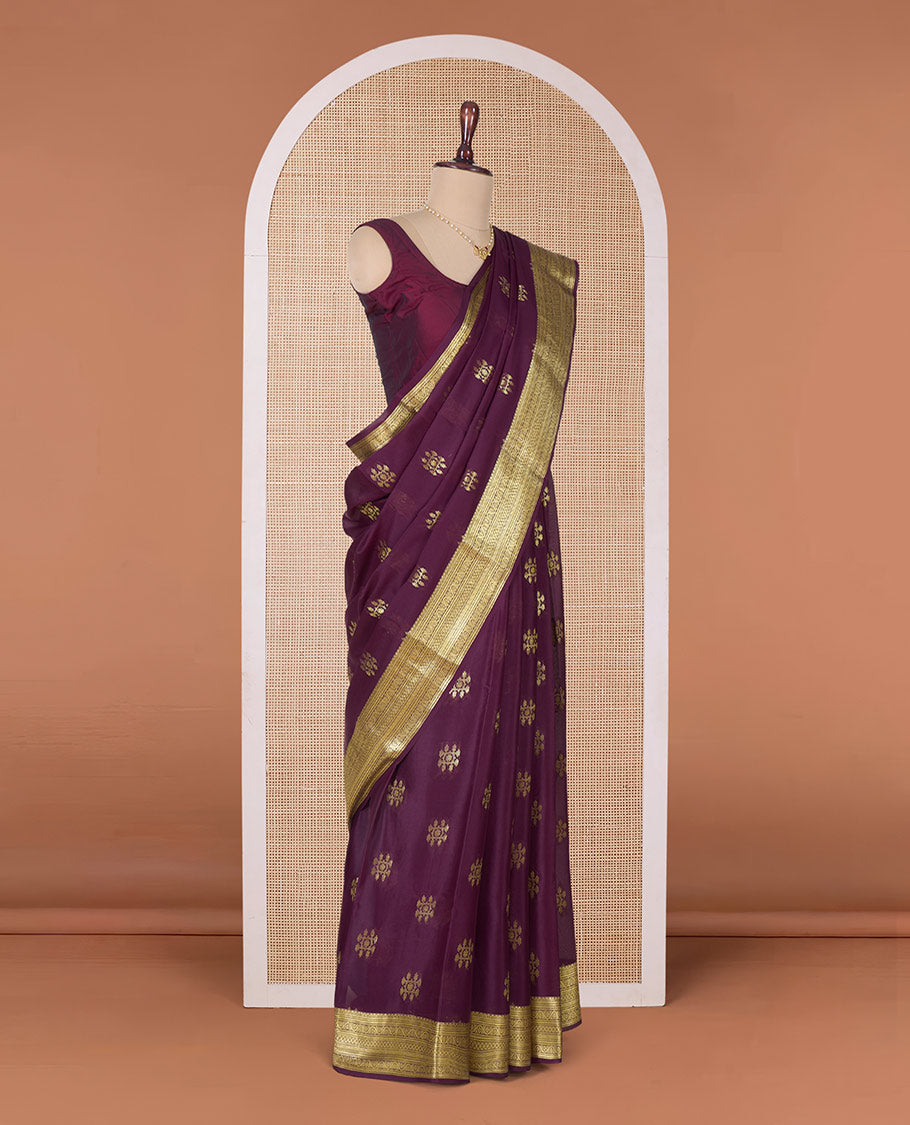 Maroon zari buttas Mysore silk saree, traditional zari border, and pallu of jaal design
