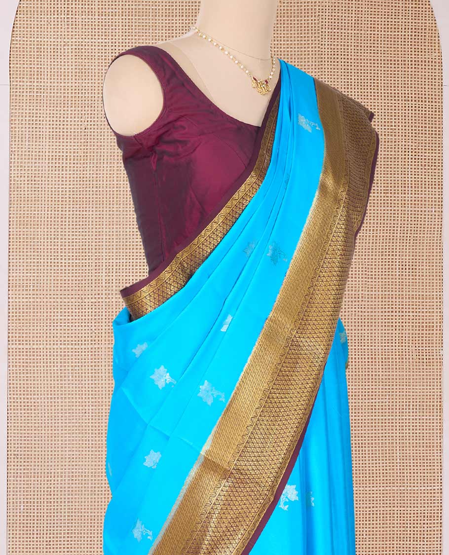 Blue zari floral buttas Mysore silk saree, contrast traditional zari border, and pallu of jaal design