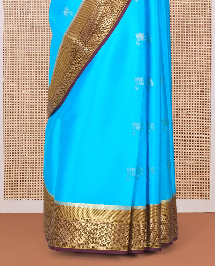 Blue zari floral buttas Mysore silk saree, contrast traditional zari border, and pallu of jaal design