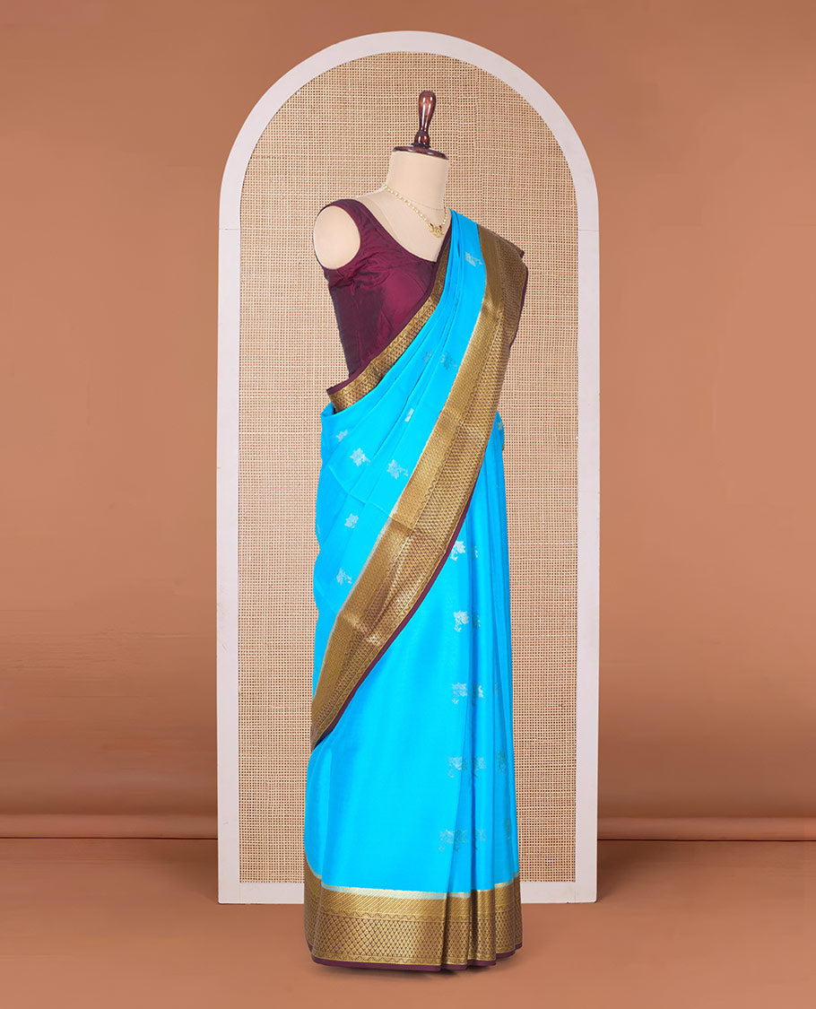 Blue zari floral buttas Mysore silk saree, contrast traditional zari border, and pallu of jaal design