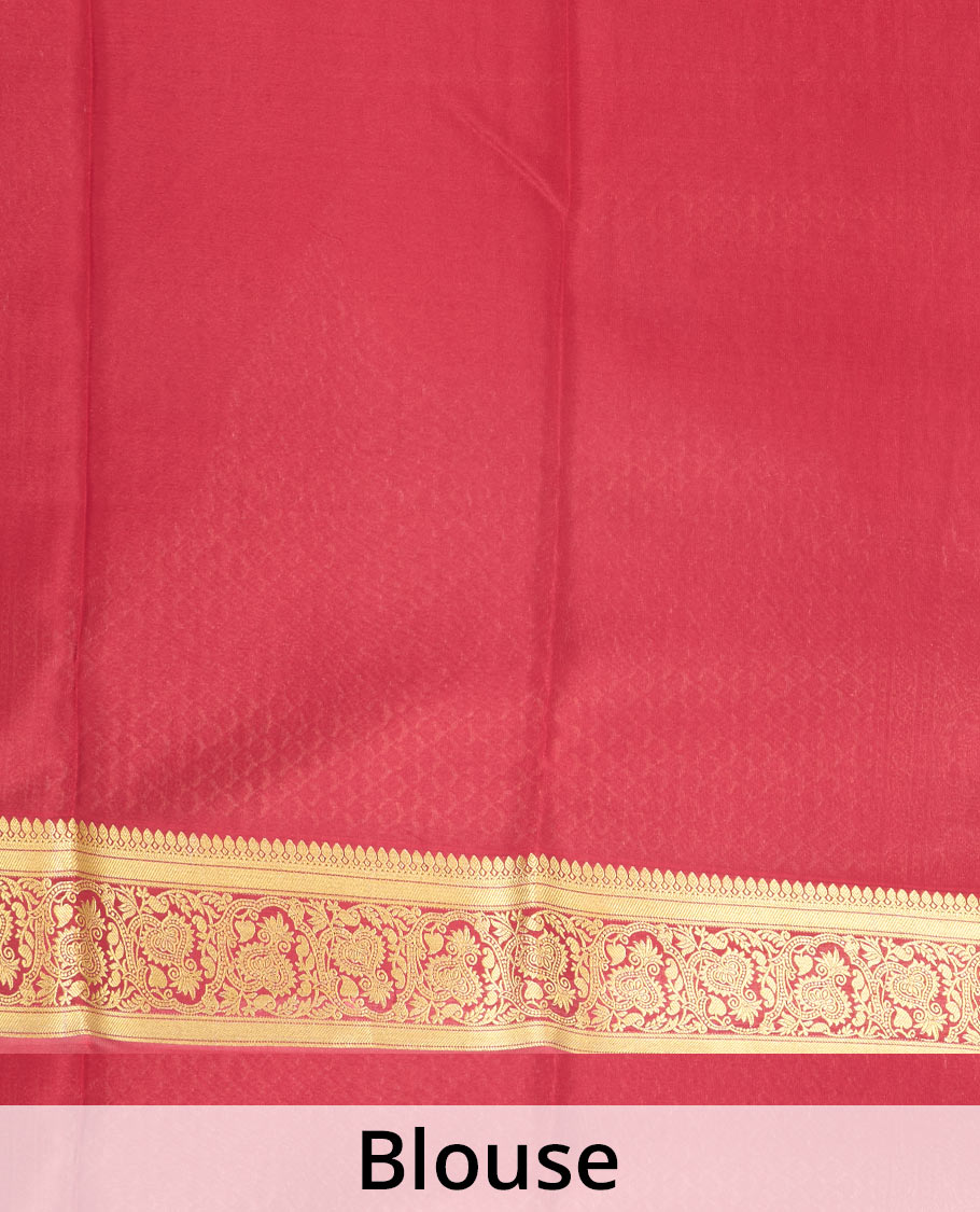 Red zari buttas Mysore silk saree, traditional zari border of floral creeper designs, and pallu of ogee patterns