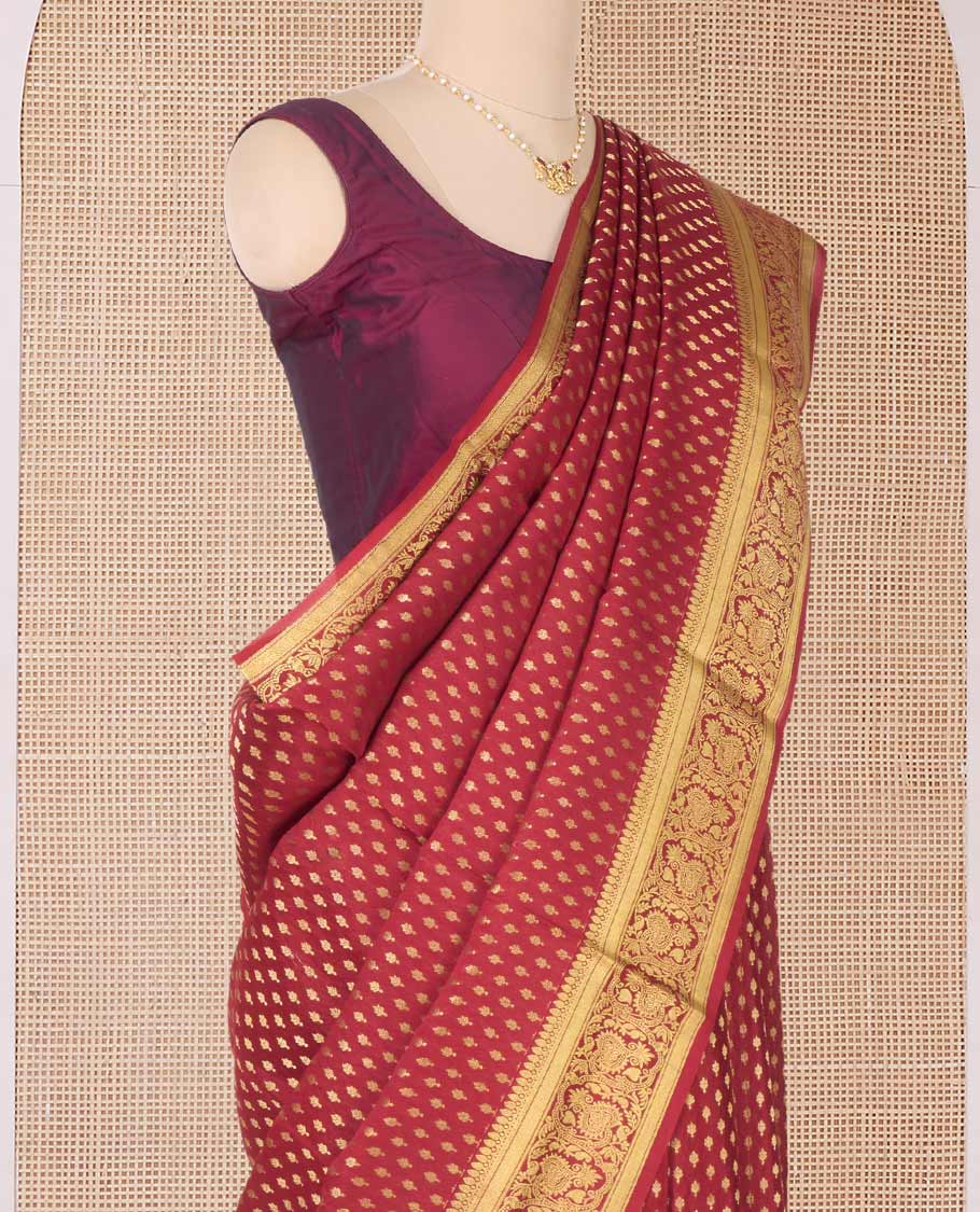 Red zari buttas Mysore silk saree, traditional zari border of floral creeper designs, and pallu of ogee patterns