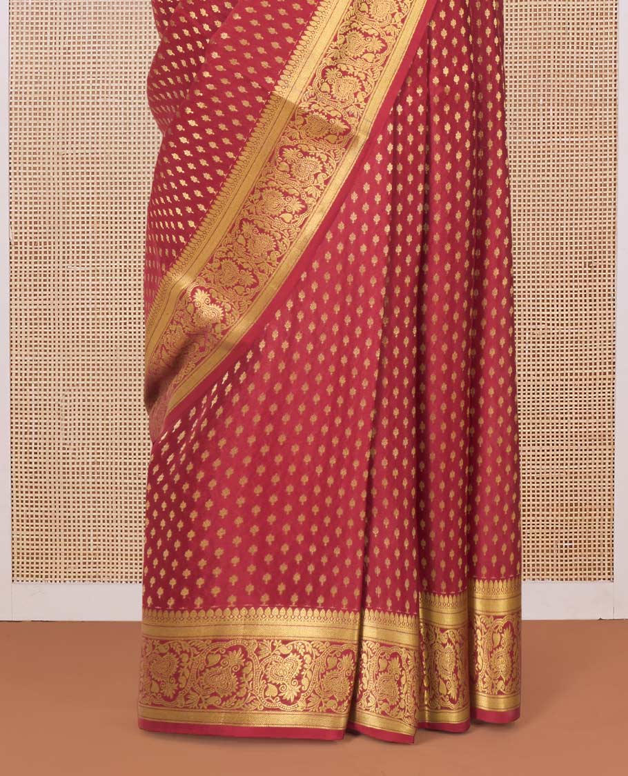 Red zari buttas Mysore silk saree, traditional zari border of floral creeper designs, and pallu of ogee patterns