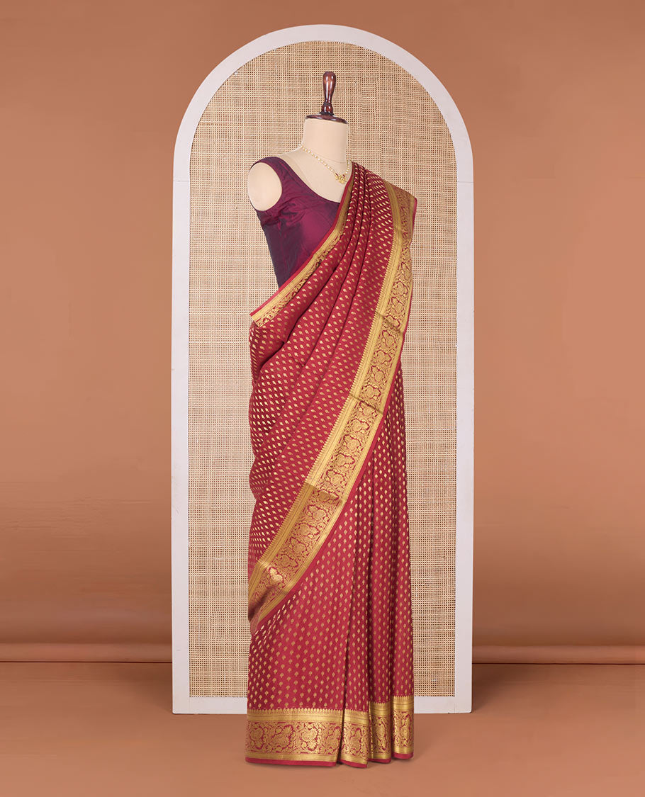 Red zari buttas Mysore silk saree, traditional zari border of floral creeper designs, and pallu of ogee patterns