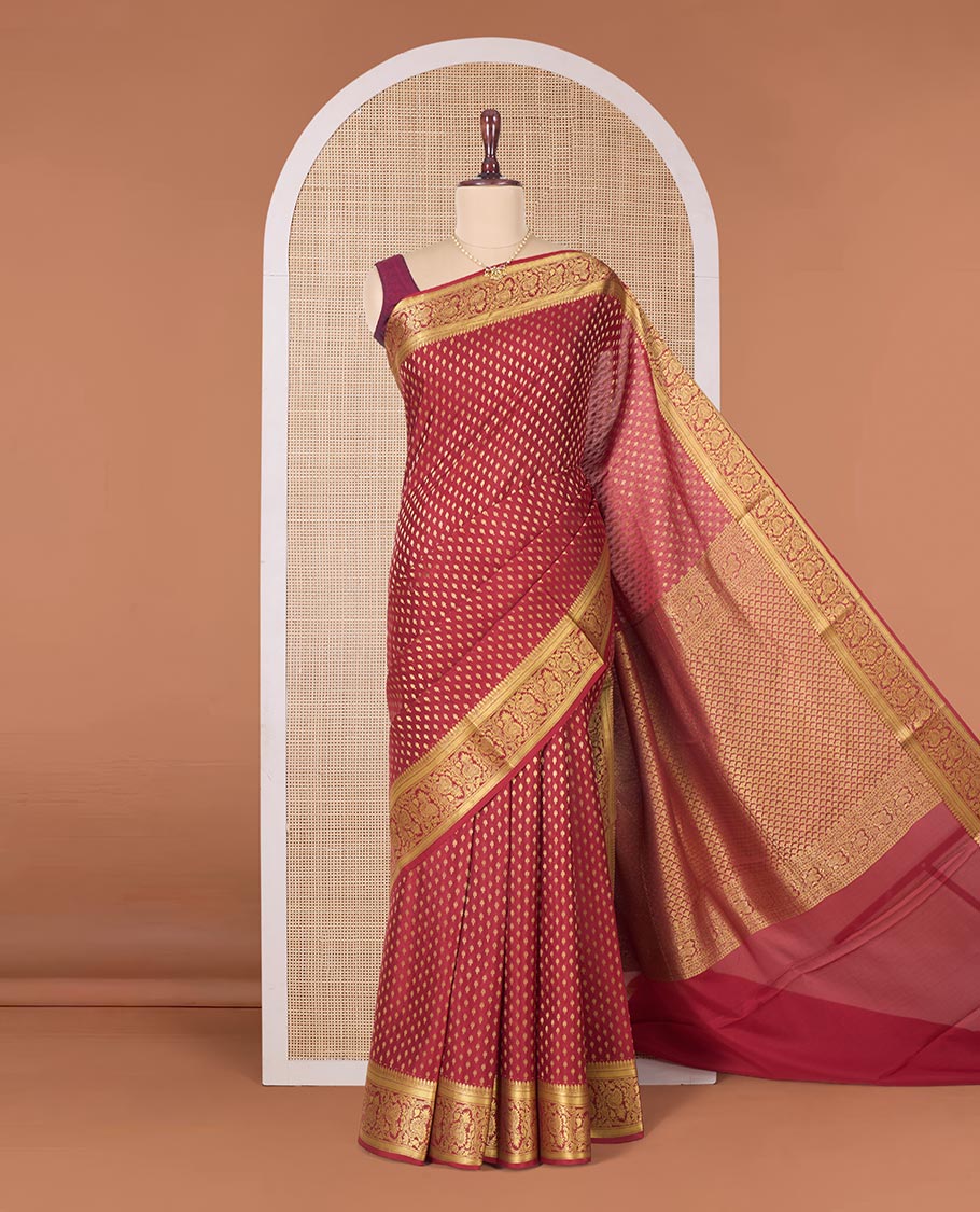 Red zari buttas Mysore silk saree, traditional zari border of floral creeper designs, and pallu of ogee patterns