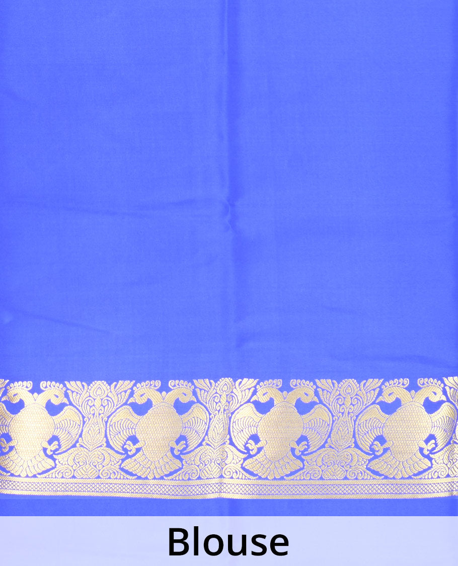 Royal blue plain Mysore silk saree, two-headed eagle border, and pallu of traditional designs