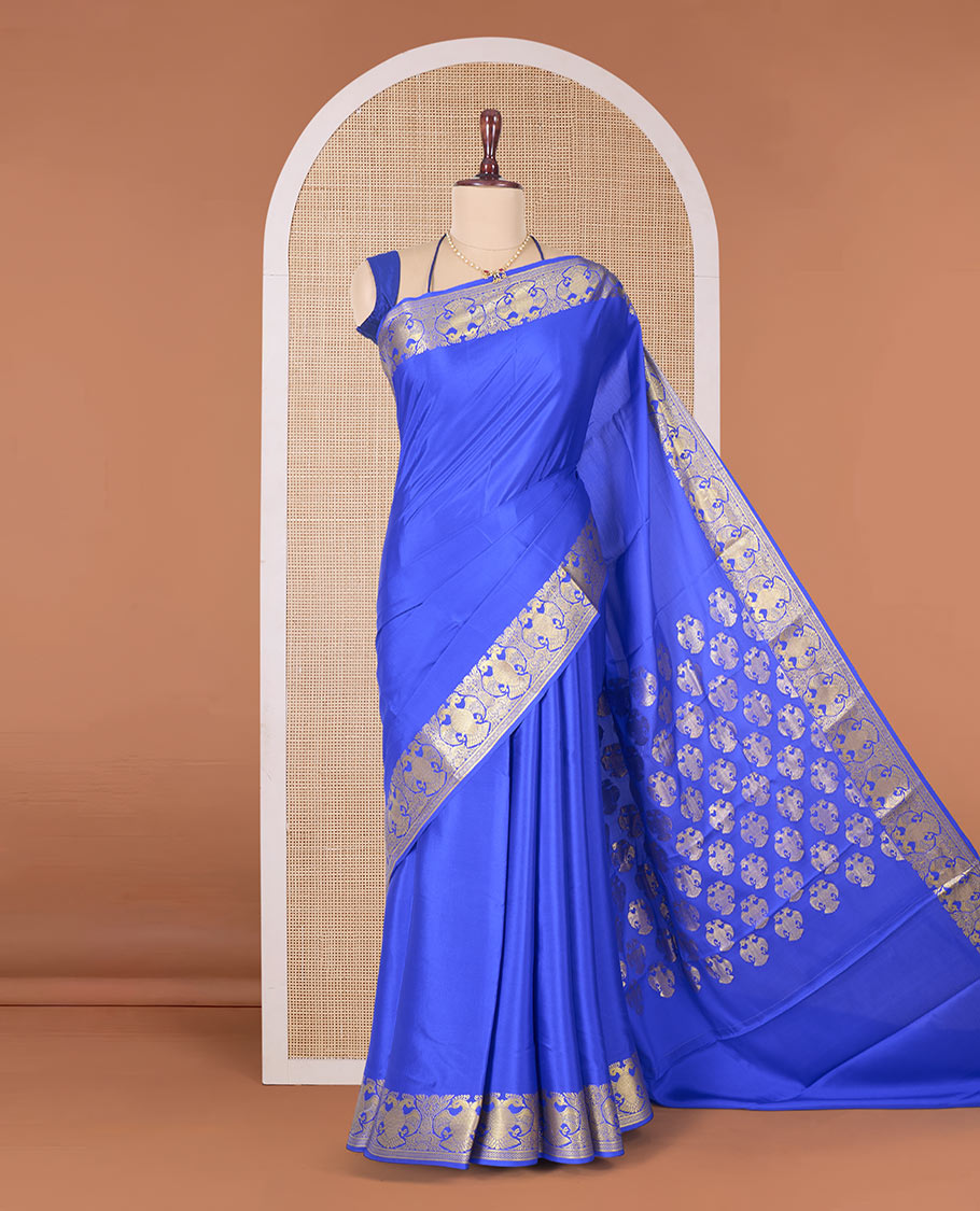 Royal blue plain Mysore silk saree, two-headed eagle border, and pallu of traditional designs