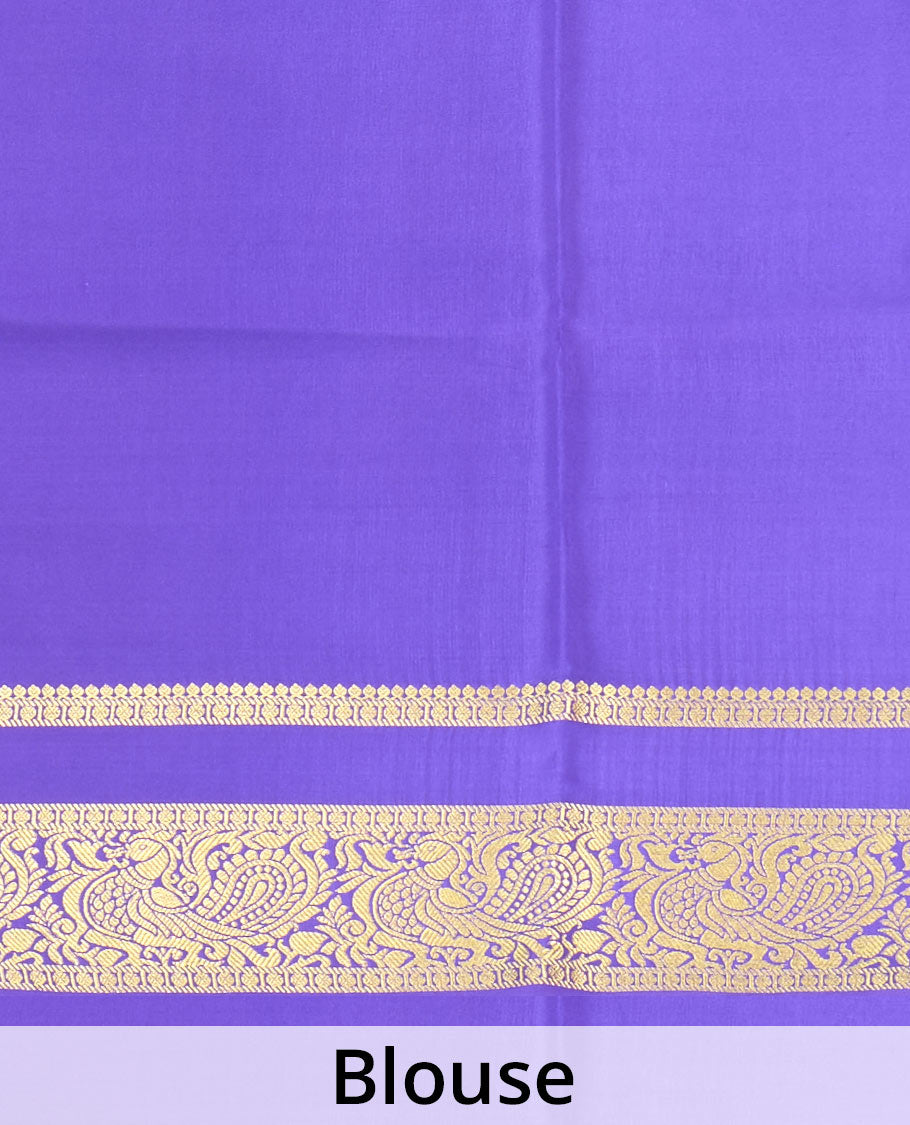 Pink plain Mysore silk saree, contrast rettai pettu traditional zari border, and pallu of jaal design