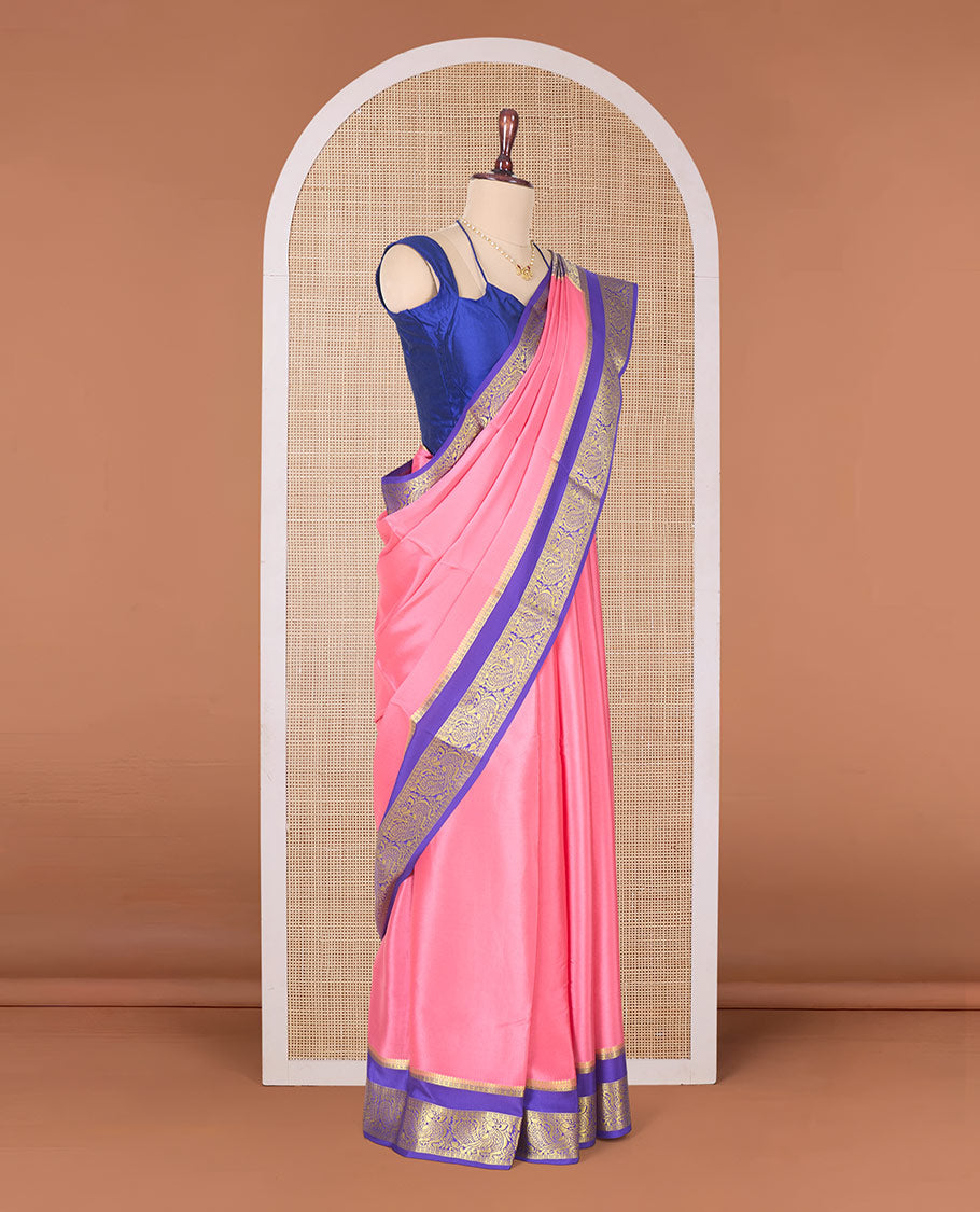 Pink plain Mysore silk saree, contrast rettai pettu traditional zari border, and pallu of jaal design