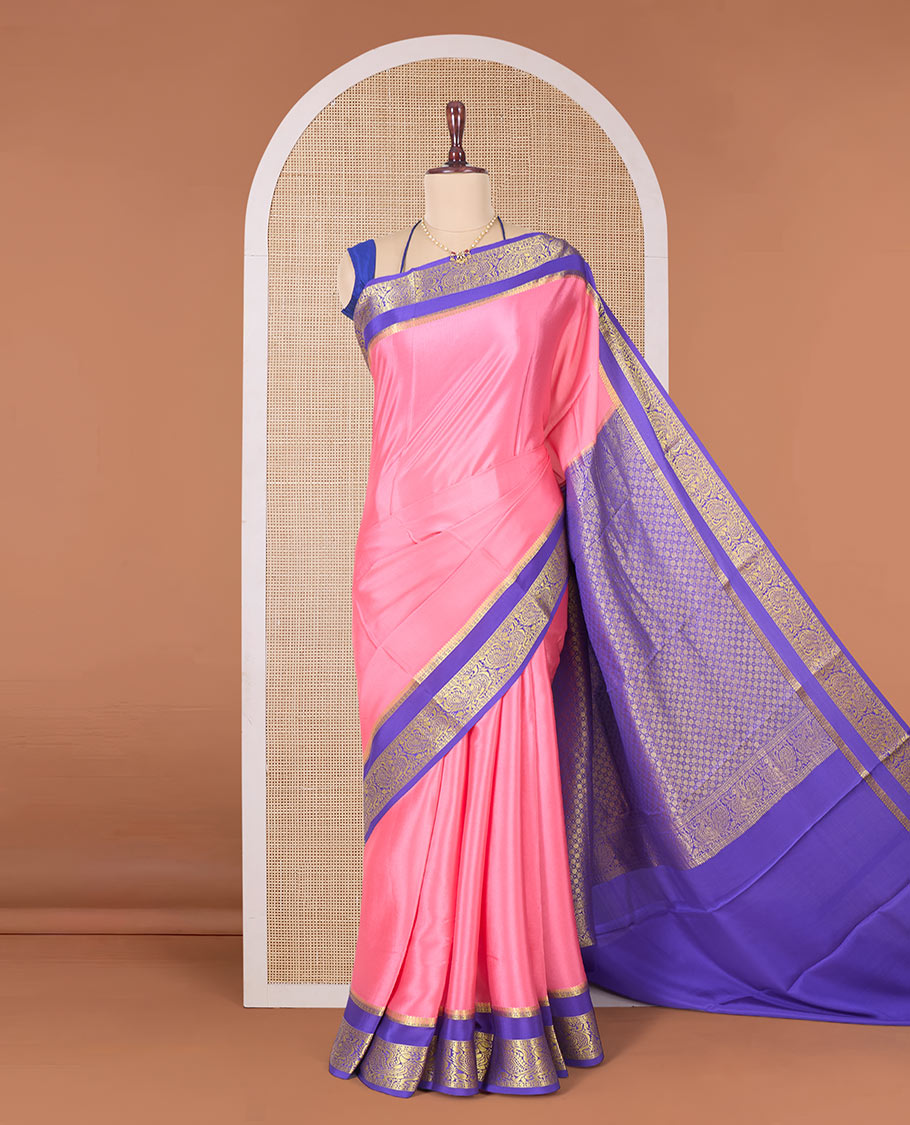 Pink plain Mysore silk saree, contrast rettai pettu traditional zari border, and pallu of jaal design