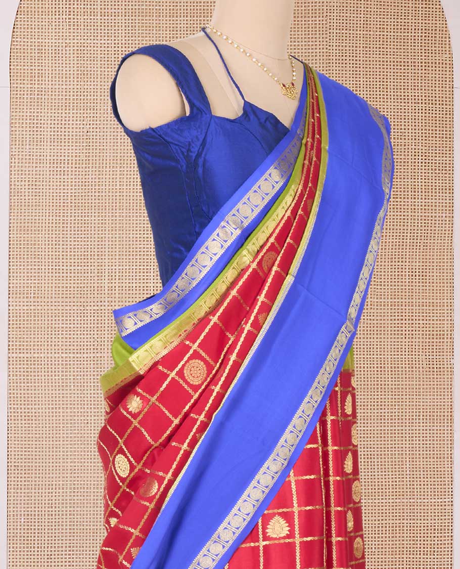 Red buttas enclosed checked Mysore silk saree, contrast colorful traditional zari border, and zari design pallu
