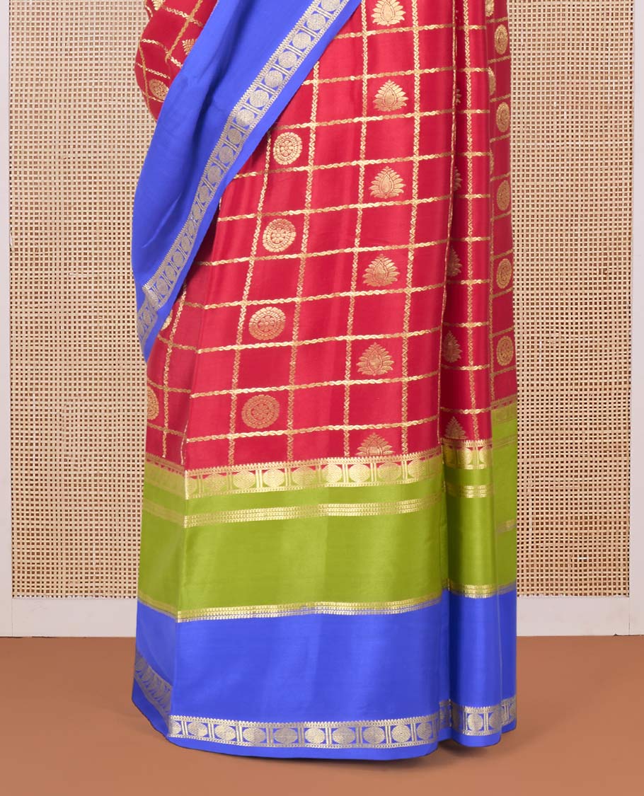 Red buttas enclosed checked Mysore silk saree, contrast colorful traditional zari border, and zari design pallu