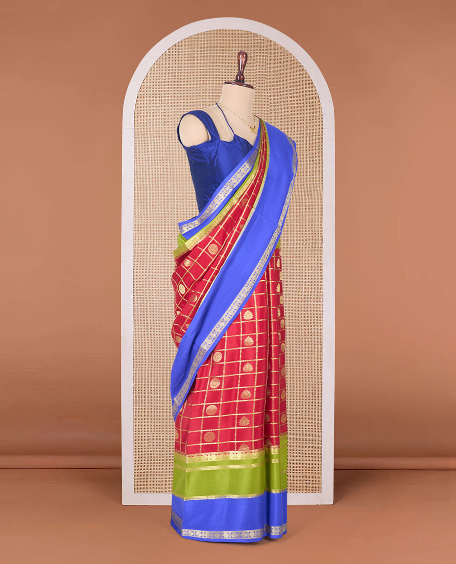 Red buttas enclosed checked Mysore silk saree, contrast colorful traditional zari border, and zari design pallu