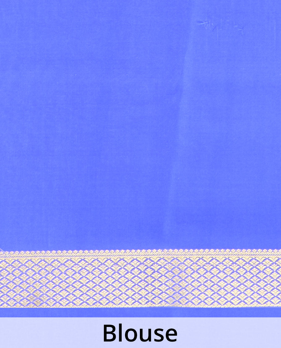 Pink zari buttas Mysore silk saree, contrast Peacock eye zari border, and pallu of zari stripes