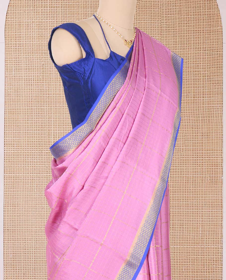 Pink zari buttas Mysore silk saree, contrast Peacock eye zari border, and pallu of zari stripes