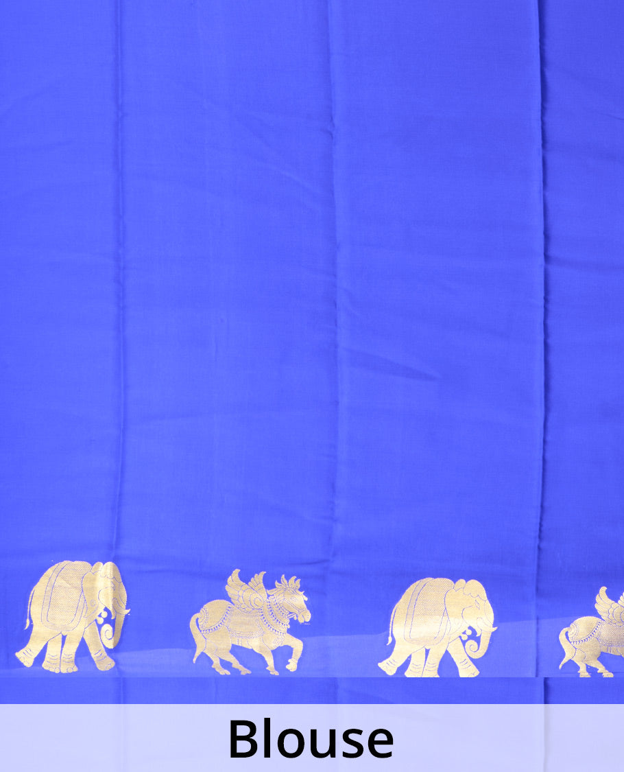 Blue plain Mysore silk saree with self-border of big elephant and horse motifs in zari, and pallu of miniatures of elephant and horse motifs
