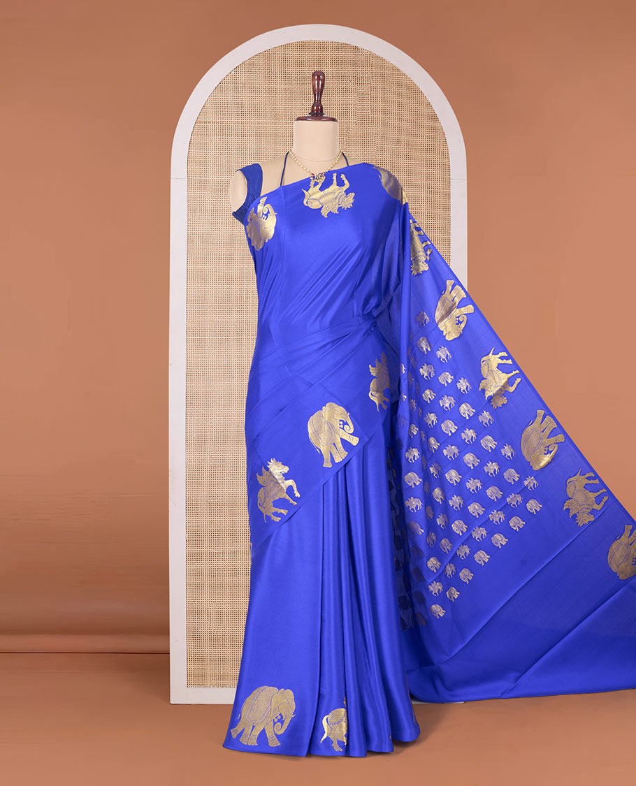 Blue plain Mysore silk saree with self-border of big elephant and horse motifs in zari, and pallu of miniatures of elephant and horse motifs