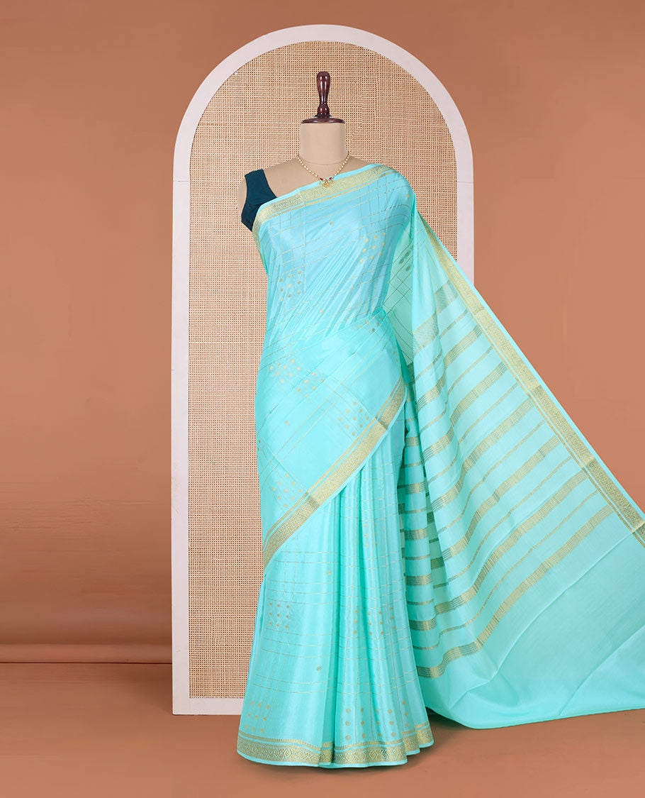 Green zari buttas, and checked Mysore silk saree, zari border, and pallu of zari stripes