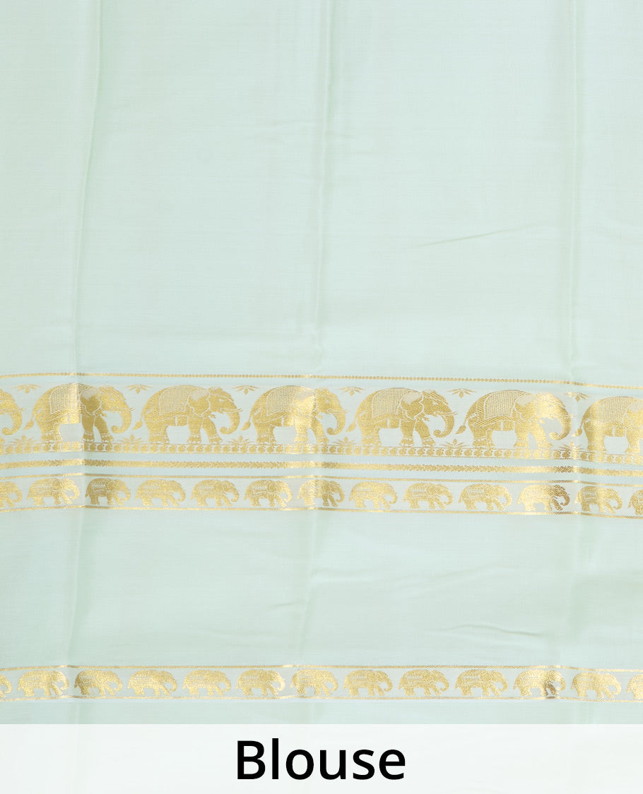 Pale green plain Mysore silk saree, rettai pettu border of elephant motifs, and pallu of stripes in zari