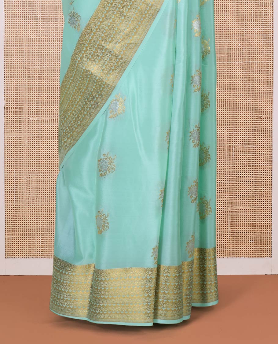 Pale green zari floral motifs woven Mysore silk saree, traditional motifs border, and pallu of intricate designs