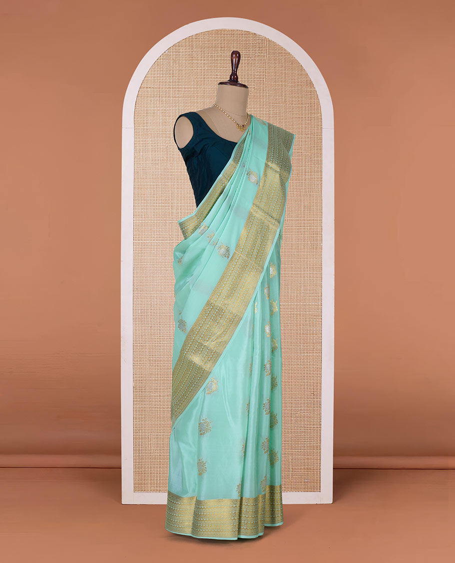 Pale green zari floral motifs woven Mysore silk saree, traditional motifs border, and pallu of intricate designs