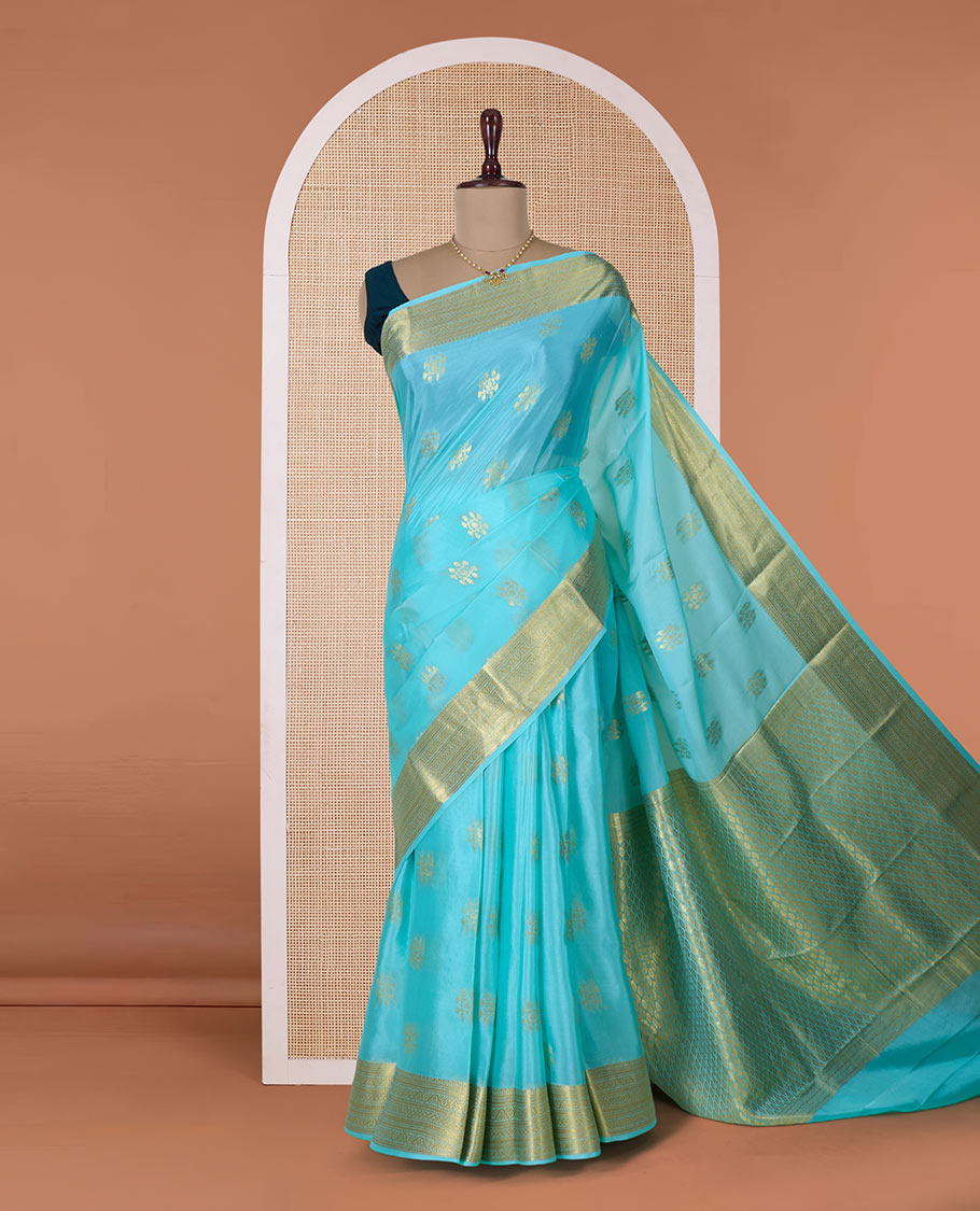 Green zari buttas Mysore silk saree, traditional zari border, and jaal pallu