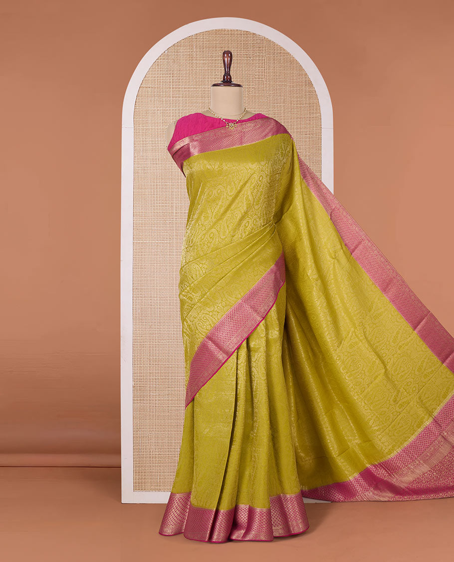 Yellow paisley jacquard Mysore silk saree, contrast traditional zari border, and pallu of floral jaal design