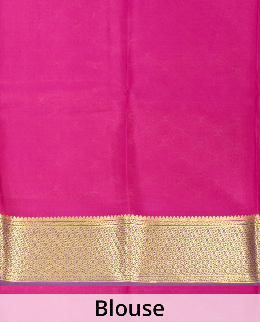 Purple zari buttas Mysore silk saree, contrast traditional zari border, and pallu of jaal design