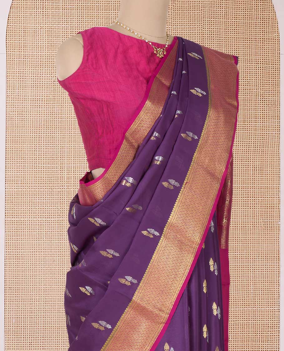 Purple zari buttas Mysore silk saree, contrast traditional zari border, and pallu of jaal design
