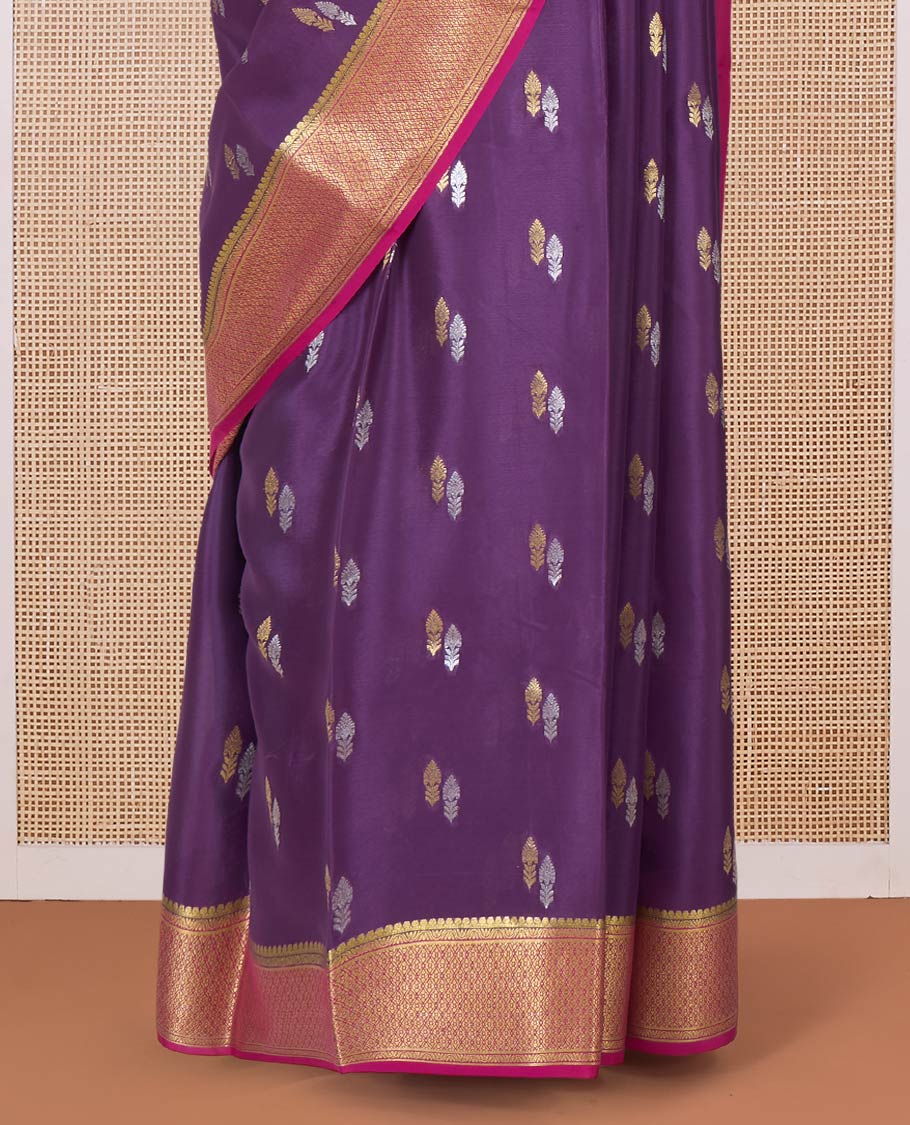 Purple zari buttas Mysore silk saree, contrast traditional zari border, and pallu of jaal design