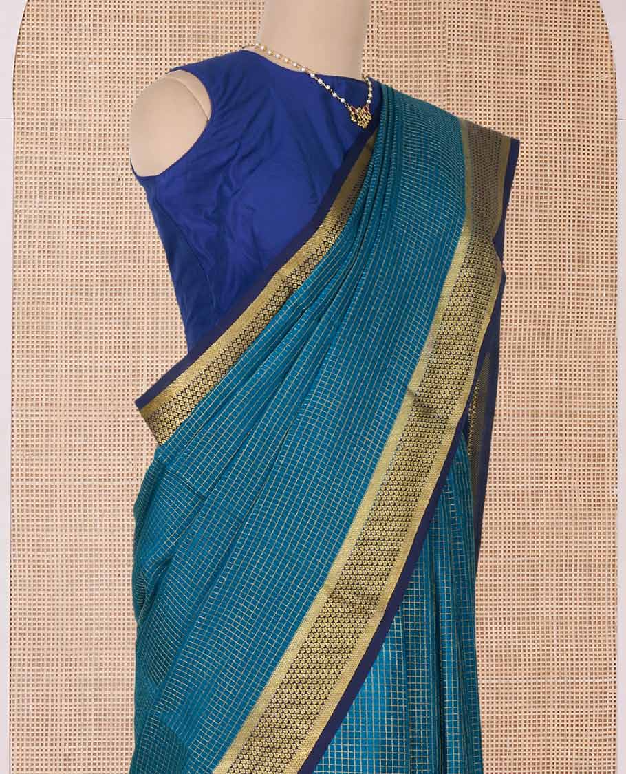 Green micro zari checked Mysore silk saree, contrast zari border, and pallu features traditional zari designs