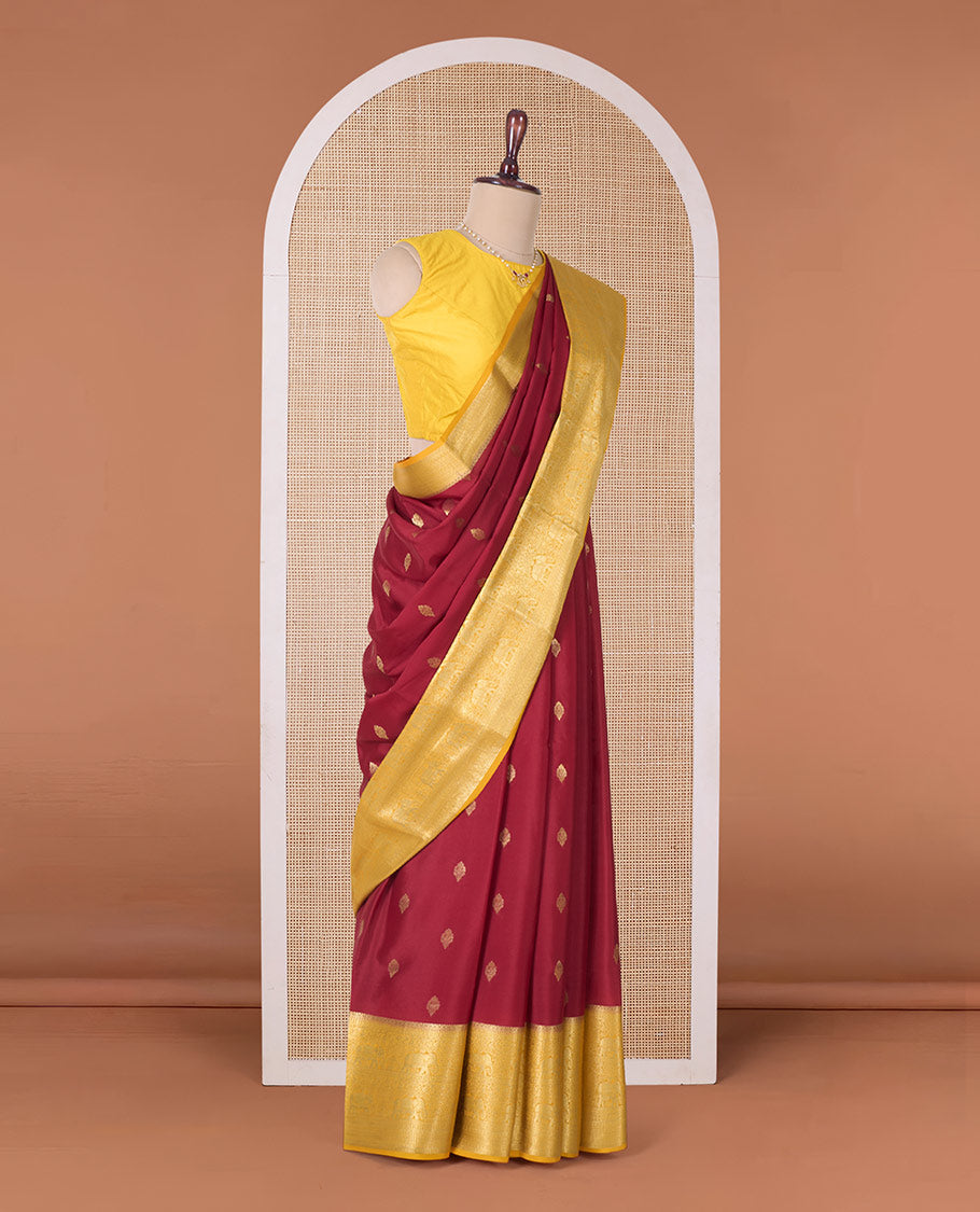 Maroon zari buttas Mysore silk saree with contrast traditional zari border, and a pallu of paisleys