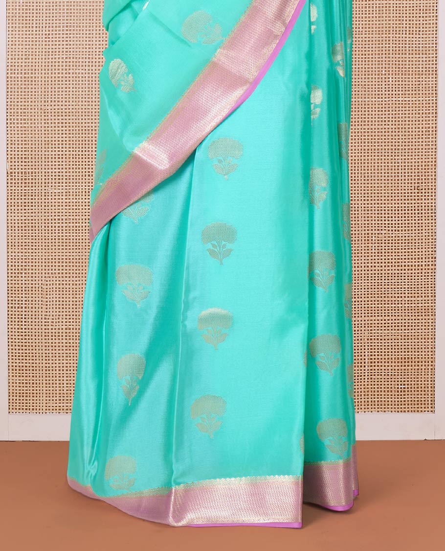 Green floral zari buttas Mysore silk saree, contrast traditional zari border, and scallop design pallu