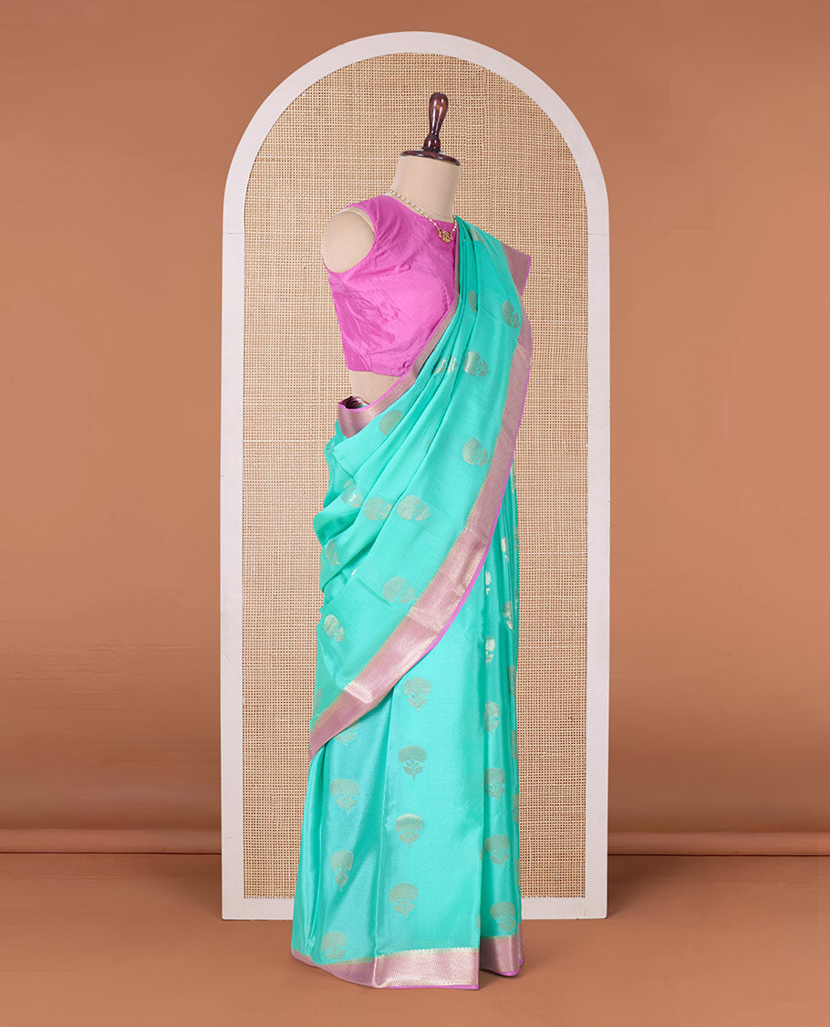 Green floral zari buttas Mysore silk saree, contrast traditional zari border, and scallop design pallu