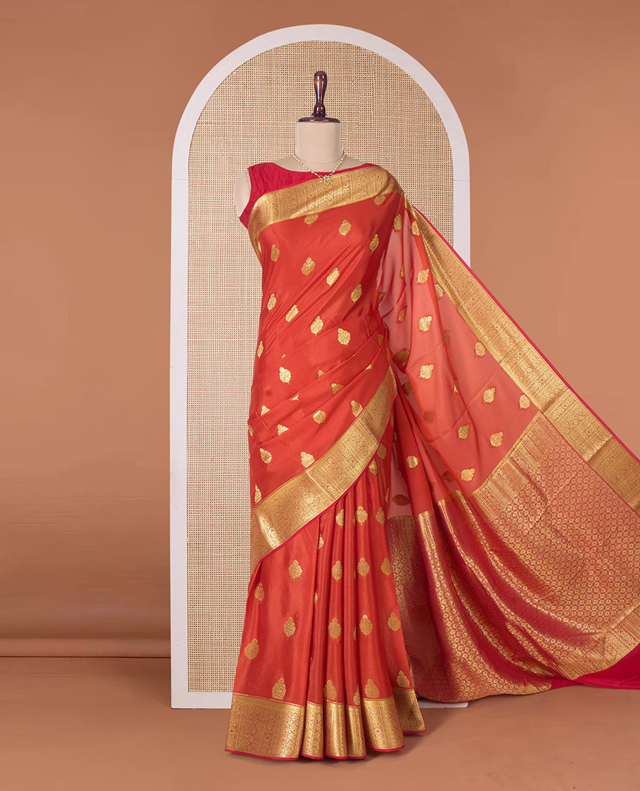 Orange zari buttas Mysore silk saree, traditional zari border, and ogee patterned pallu