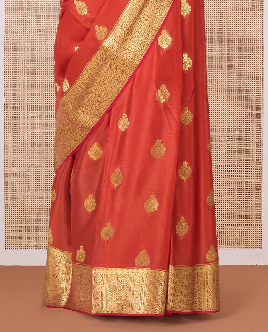 Orange zari buttas Mysore silk saree, traditional zari border, and ogee patterned pallu