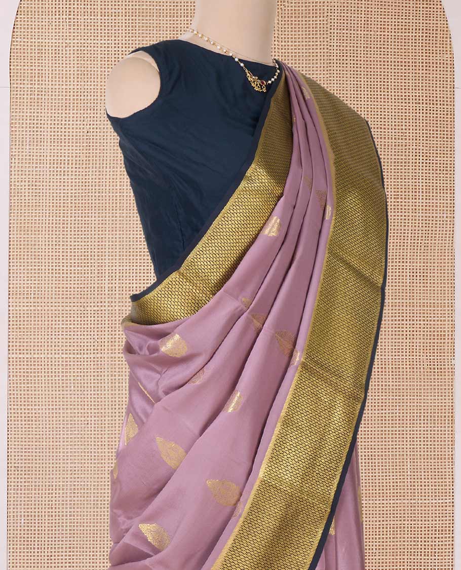 Onion pink zari buttas Mysore silk saree, contrast traditional zari border, and geometric patterned pallu