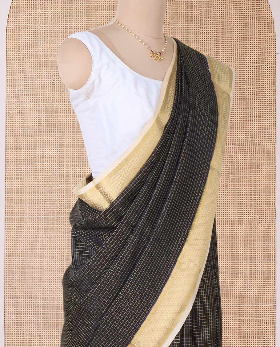 Black zari checked Mysore silk saree, contrast traditional zari border, and zari design pallu