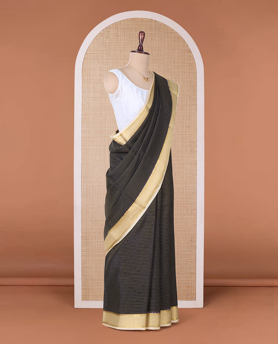 Black zari checked Mysore silk saree, contrast traditional zari border, and zari design pallu