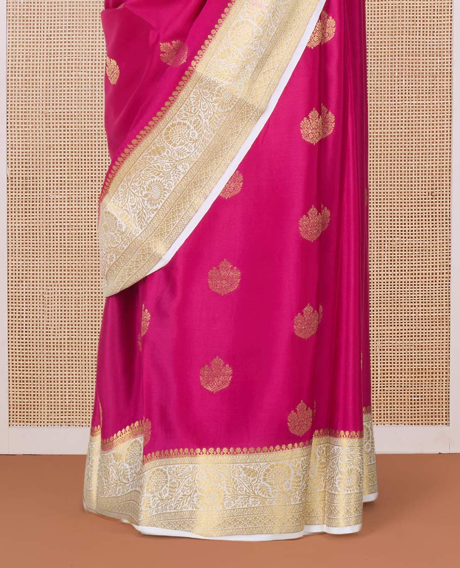 Pink zari buttas Mysore silk saree, contrast traditional zari floral creeper border, and intricate pallu
