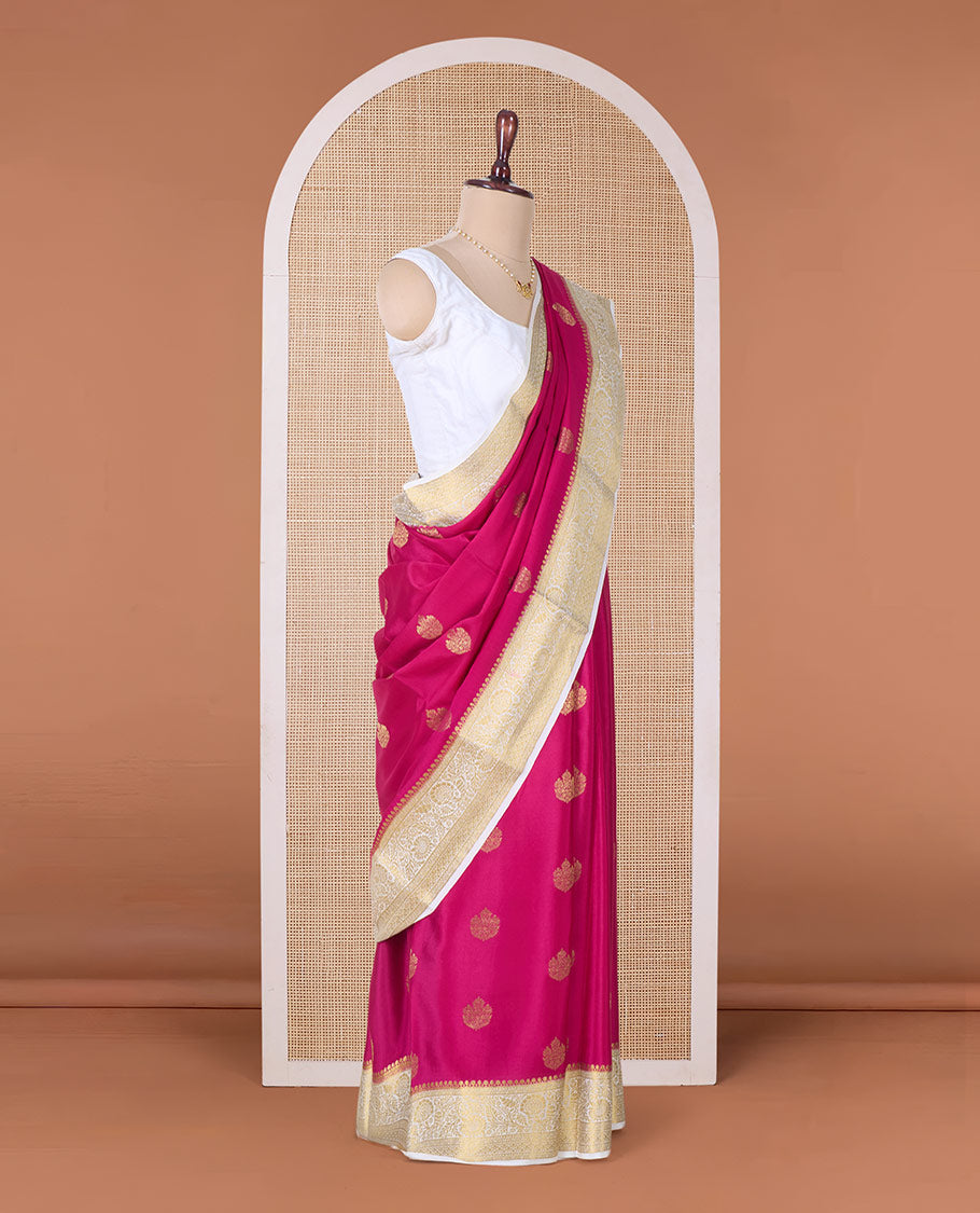Pink zari buttas Mysore silk saree, contrast traditional zari floral creeper border, and intricate pallu