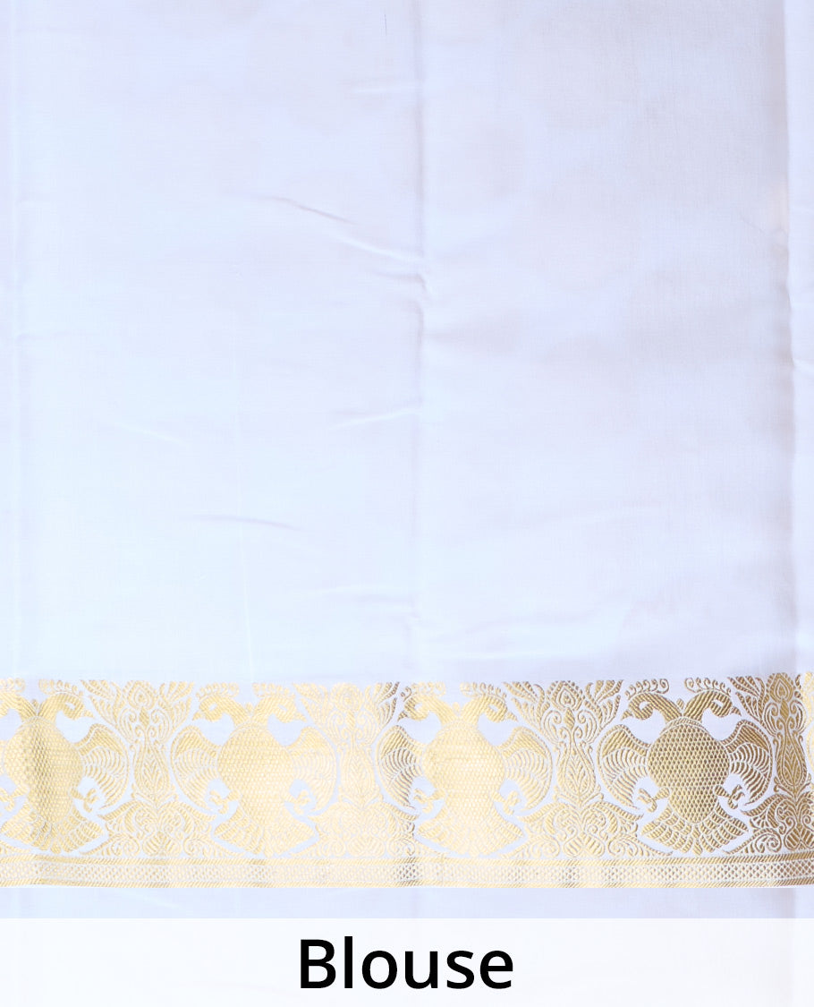 White plain Mysore silk saree, two-headed eagle zari border, and pallu steeped with two-headed eagle motifs