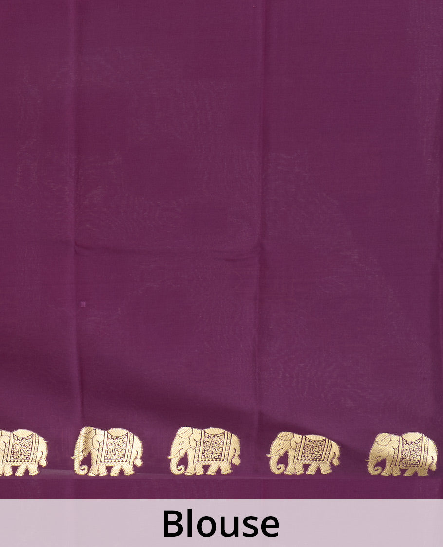 Purple plain Mysore silk saree with elephant motifs zari border, and pallu of miniatures of elephant motifs
