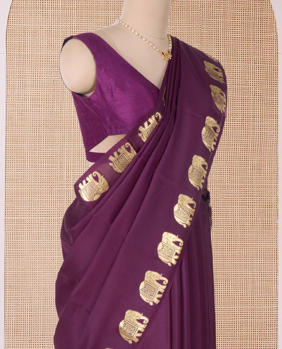 Purple plain Mysore silk saree with elephant motifs zari border, and pallu of miniatures of elephant motifs