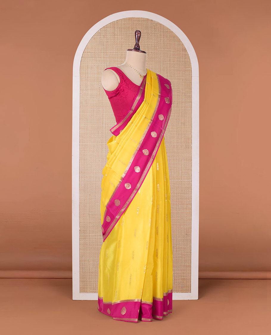 Yellow zari butta zari buttas Mysore silk saree, contrast traditional zari border, and pallu of jaal design
